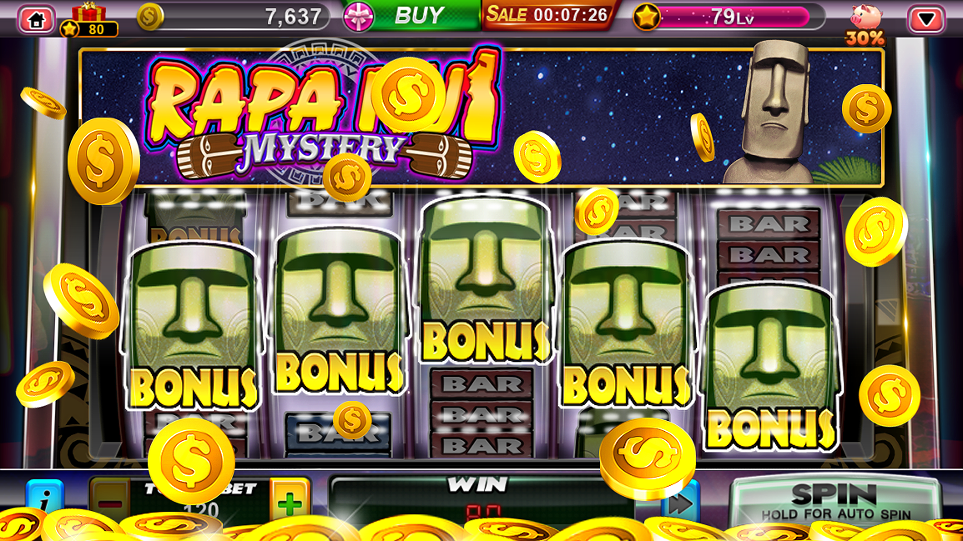Plus777 App Screenshot showing the in-game interface for a slot machine